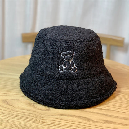 Women's Plush Bear Embroidery Warm Lamb Wool Hats & Caps