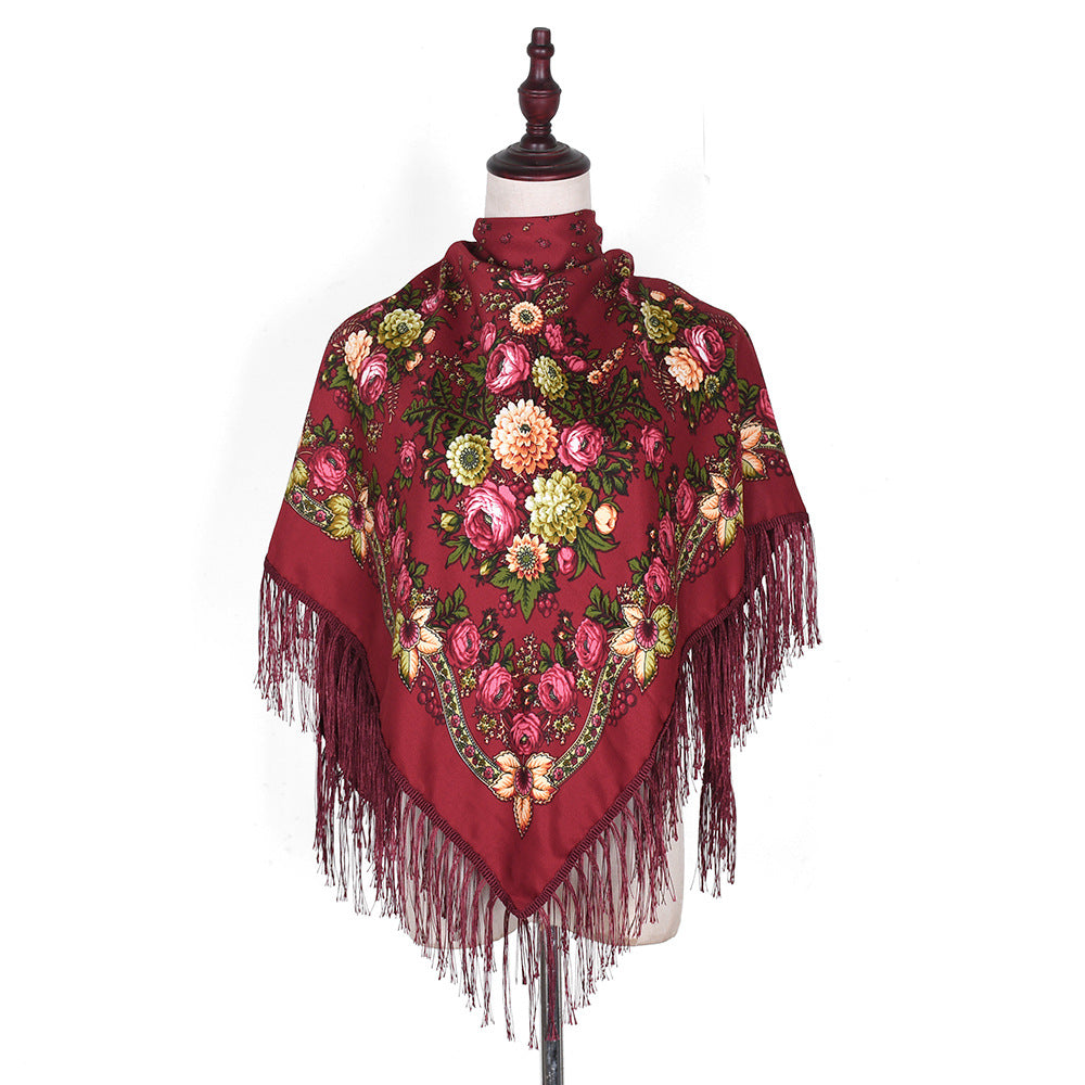 Women's Style Tassel Flowers Printed Spring Travel Embroidered Square Scarfs