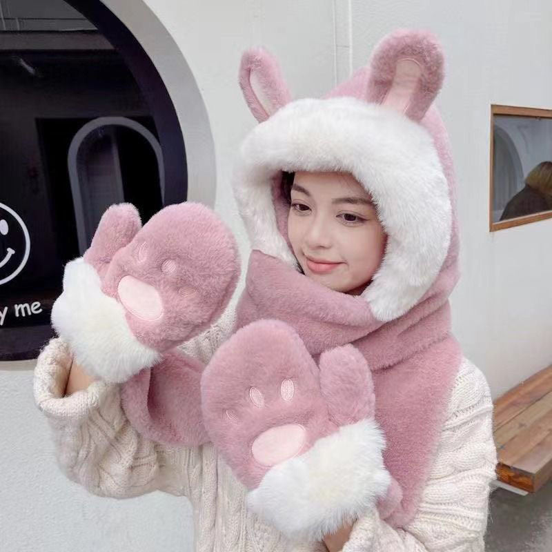 Women's Style Hat Three-piece Set Cute Rabbit Hats & Caps