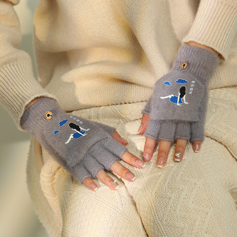 Women's Plush Cute Comfortable Open Finger Warm Writing Gloves