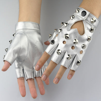 Women's Dancing Half Finger Leather Ding Design Fashion Punk Gloves