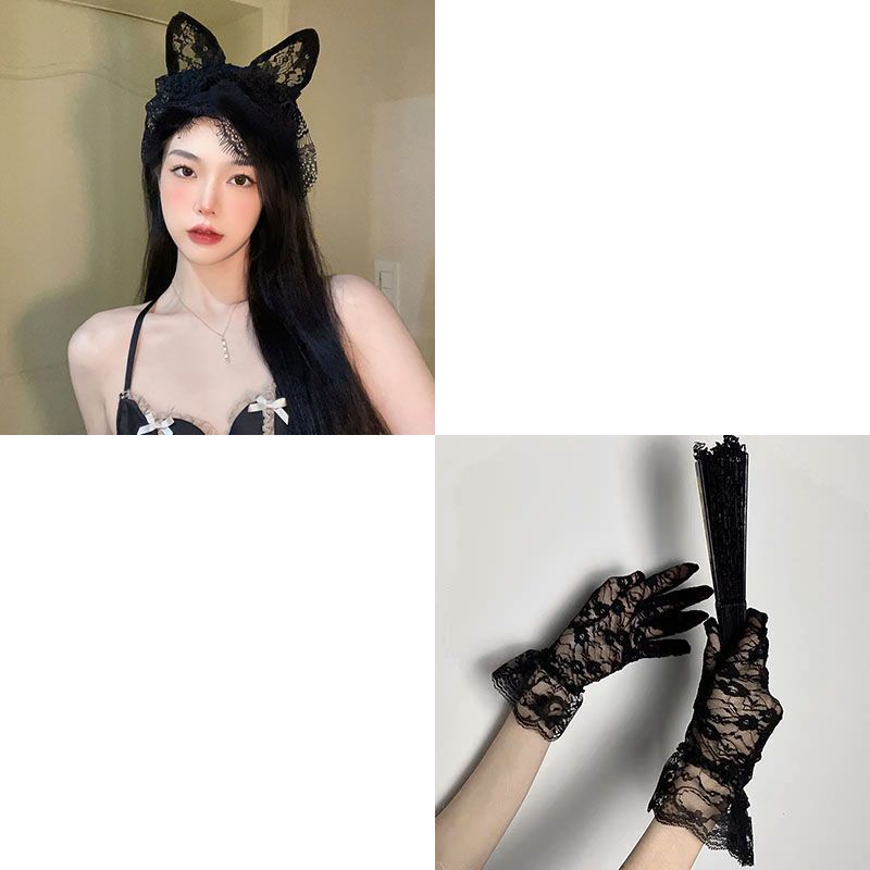 Black Pure Wind Cat Ear Headband Female Lace Gloves