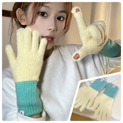 Women's Picture Scroll Color Matching Knitted Five-finger Thickened Warm Gloves