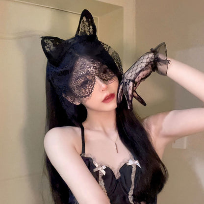 Black Pure Wind Cat Ear Headband Female Lace Gloves