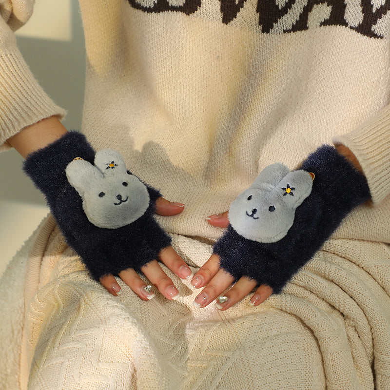 Women's Plush Cute Fleece-lined Open Finger Warm Gloves