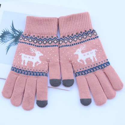 Female Deer Jacquard Fleece Lining Thickened Mobile Phone Gloves