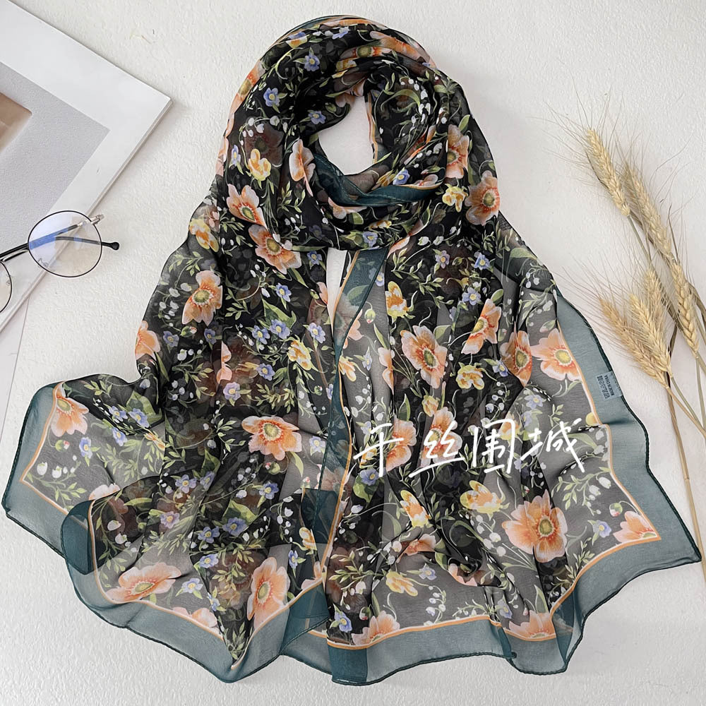 Women's Printed Silk Sunflower Thin Floral Chiffon Scarfs