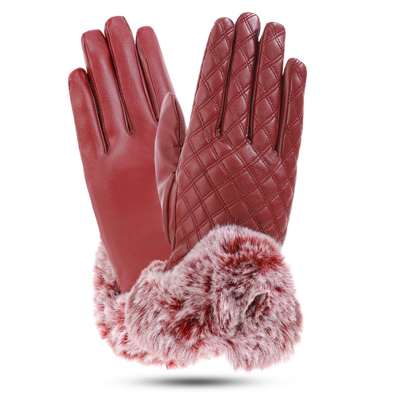 Women's Leather Touch Rex Rabbit Fur Mouth Gloves