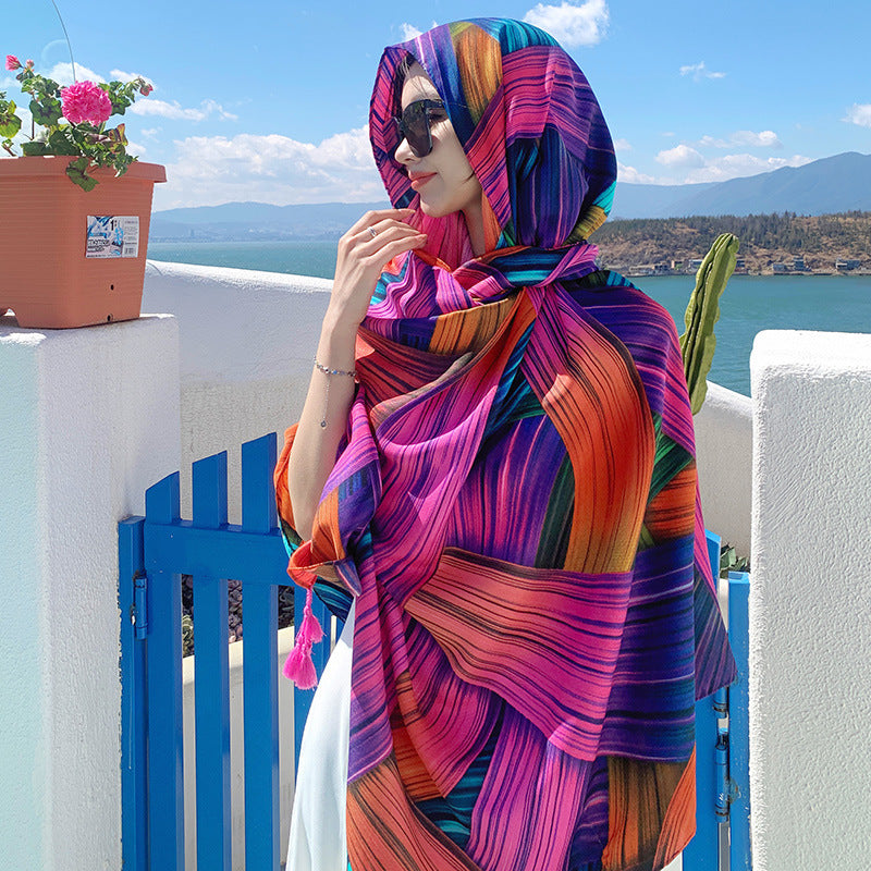 Women's Sunscreen Shawl Yunnan Grassland Travel Wear Silk Seaside Scarfs