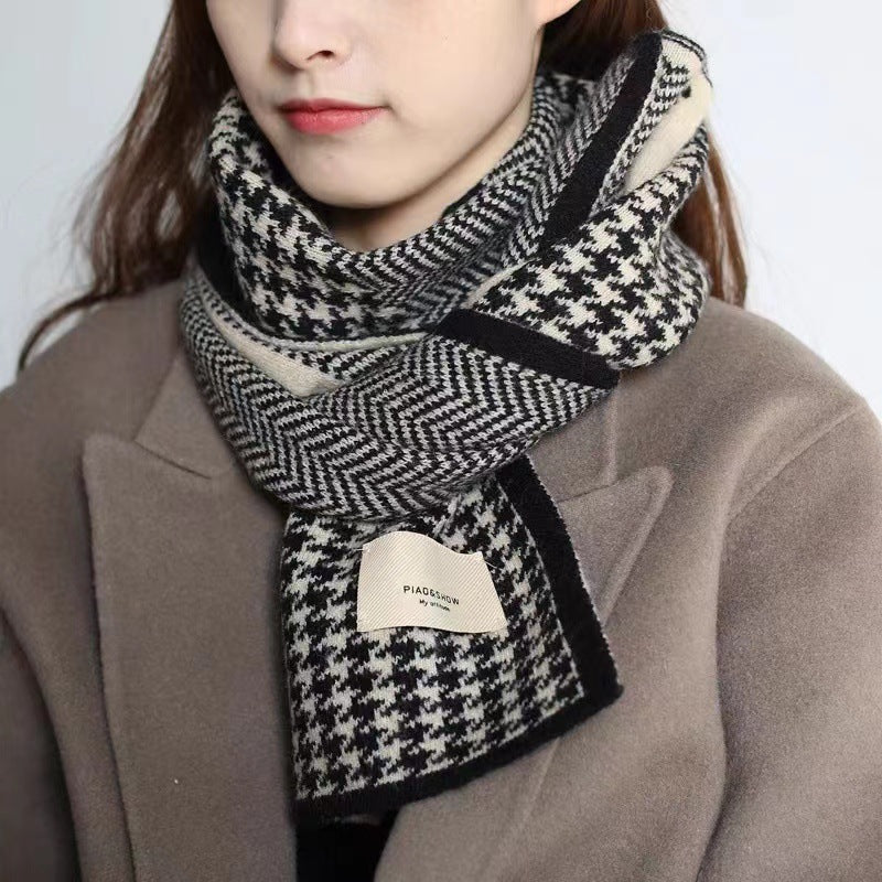 Korean Style Versatile Knitted Warm Herringbone Pattern Wool Contrast Scarfs