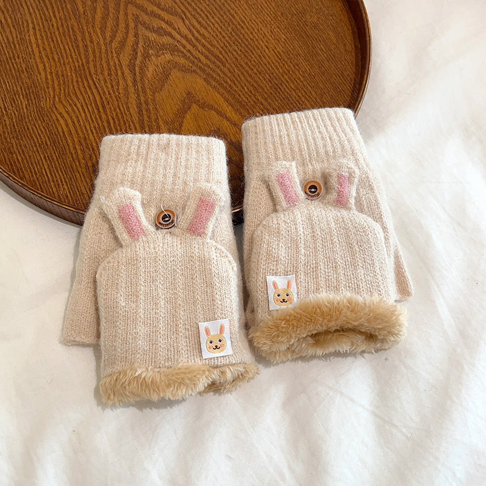 Half Finger Winter Flip Double Layer Fleece-lined Gloves