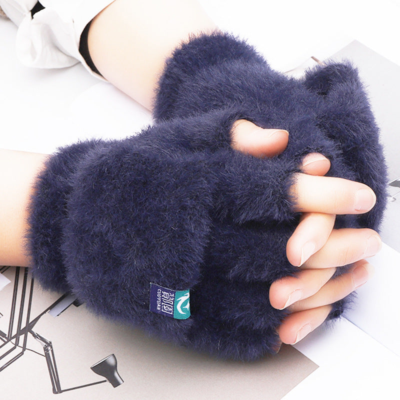 Female Winter Warm Exposed Finger Flip Gloves