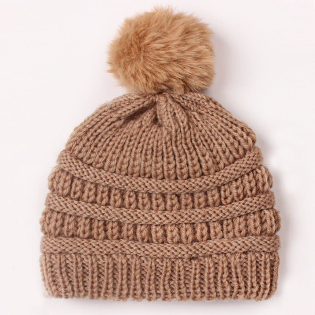 Children's Knitted Sleeve Fur Ball Warm Hat Kids' Headwear