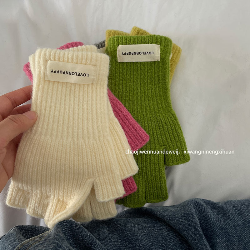 Women's & Men's Wool Knitted Writing Fingerless Winter Korean Gloves