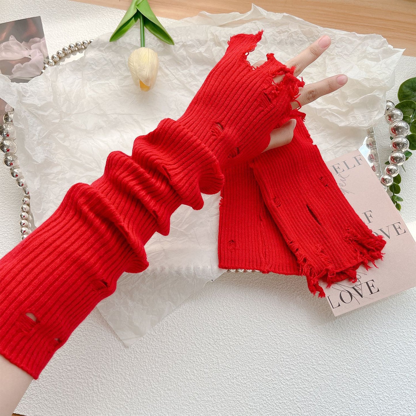 Hole Korean Fingerless Warm Arm Guard Gloves