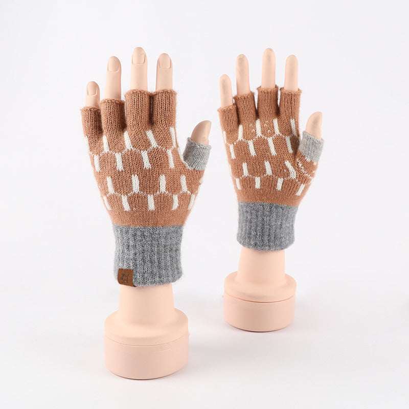 Knitted Half Finger Style Office Winter Gloves