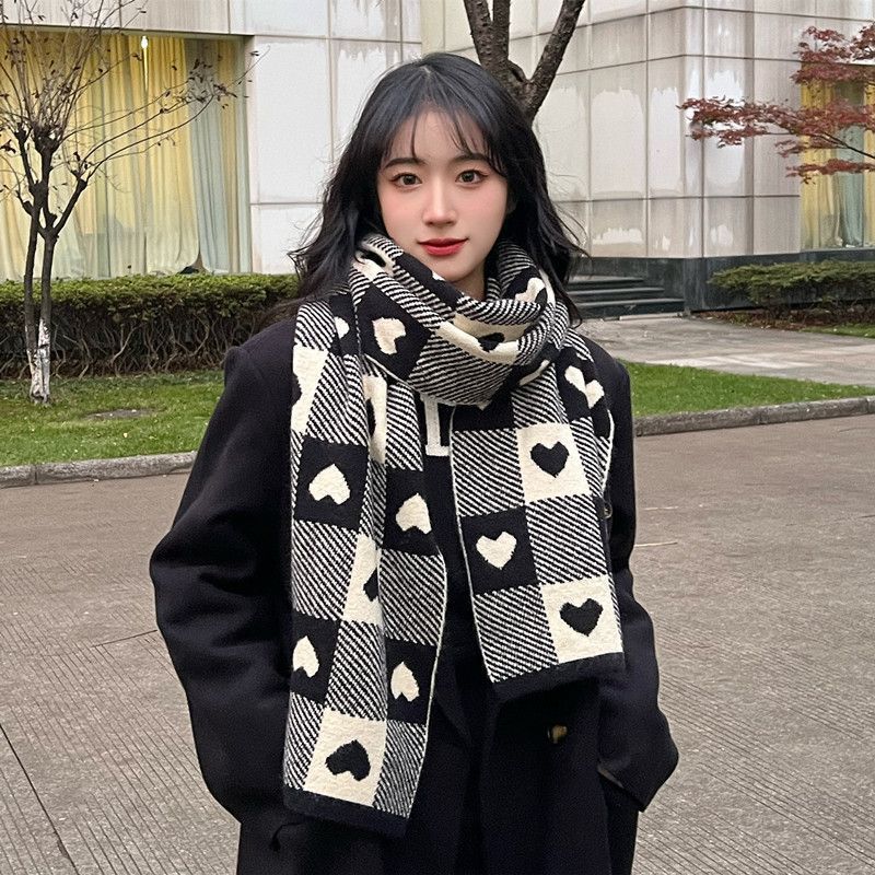 Women's Plaid Winter Korean Style Girlish Lovely Heart-shaped Days Knitted Scarfs