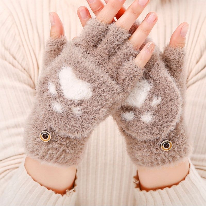 Women's Cartoon Cat's Paw Winter Warm Veet Padded Thickened Half Gloves