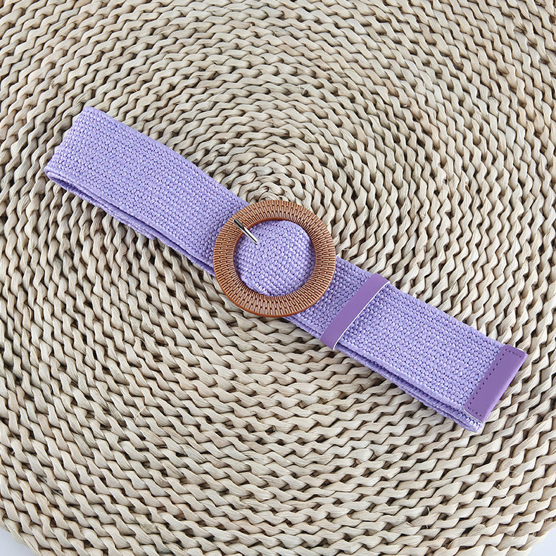 Women's Straw Woven Round Square Buckle Dress Belts