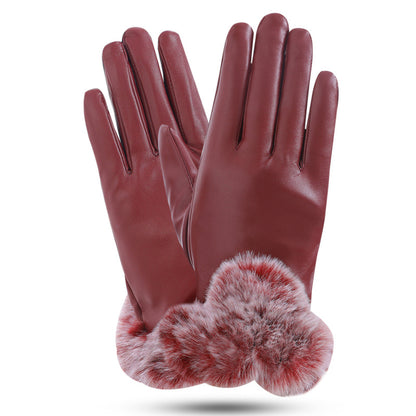 Women's Leather Touch Rex Rabbit Fur Mouth Gloves