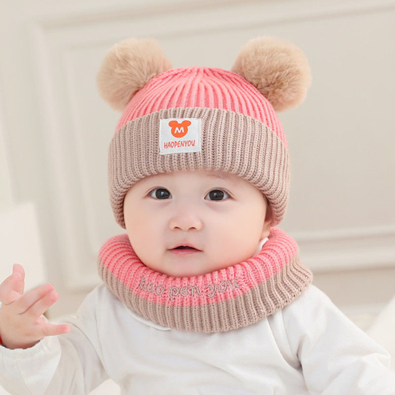 Boys Woolen Cute Thickened Warm Knitted 2 Pieces Kids' Headwear