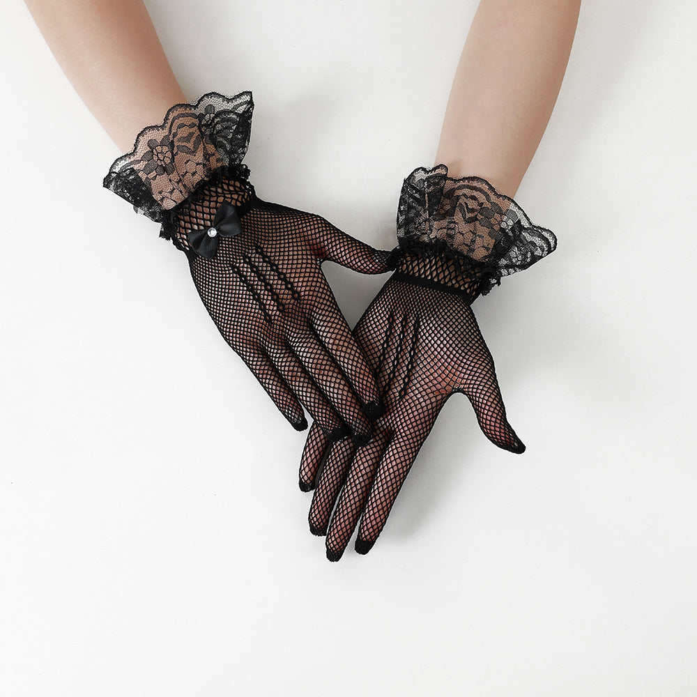 Women's Bridal Wedding Fishnet Bow Dress Lace Gloves