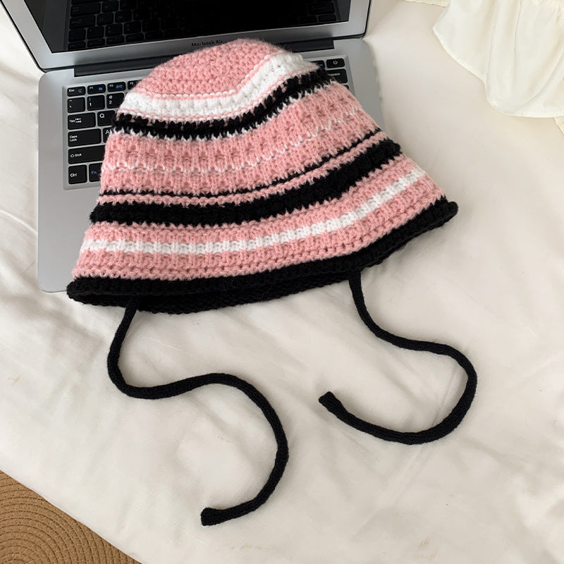 Women's Stripes Woolen Bucket Face Slimming Ear Hats & Caps