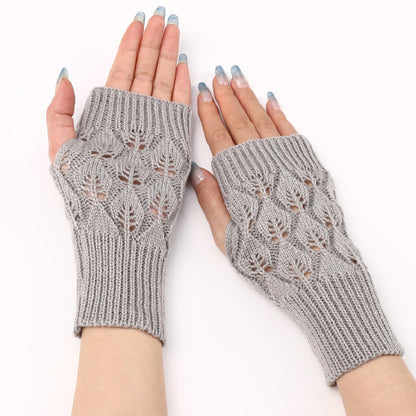 Women's & Men's Short Leaf Knitted Fingerless Wool Keep Gloves