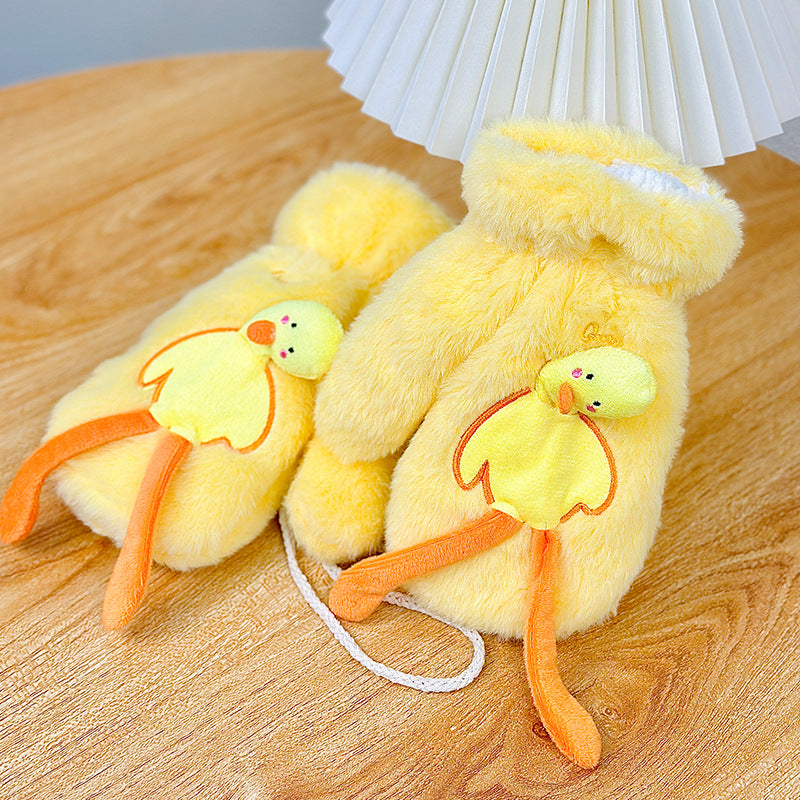 Small Yellow Duck Plush Female Winter Gloves