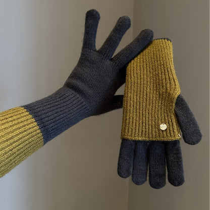 Women's Winter Color Matching Knitted Wool Open Gloves