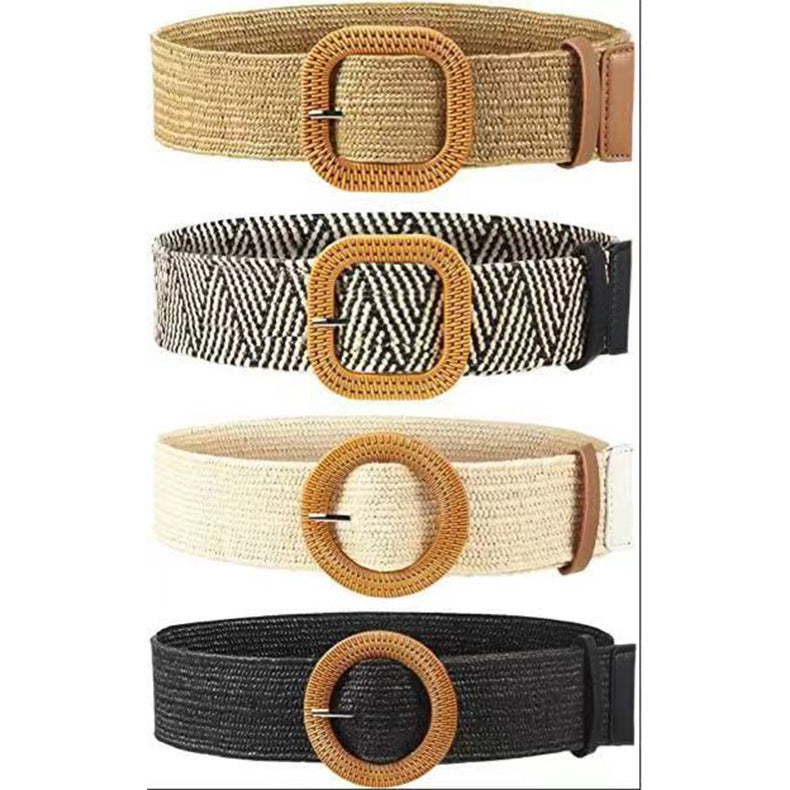 Women's Straw Woven Round Square Buckle Dress Belts