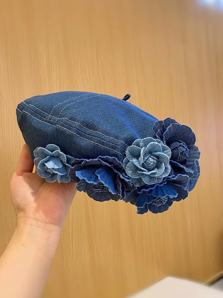 Women's Three-dimensional Flowers Denim Beret Trendy Fashionable Hats & Caps