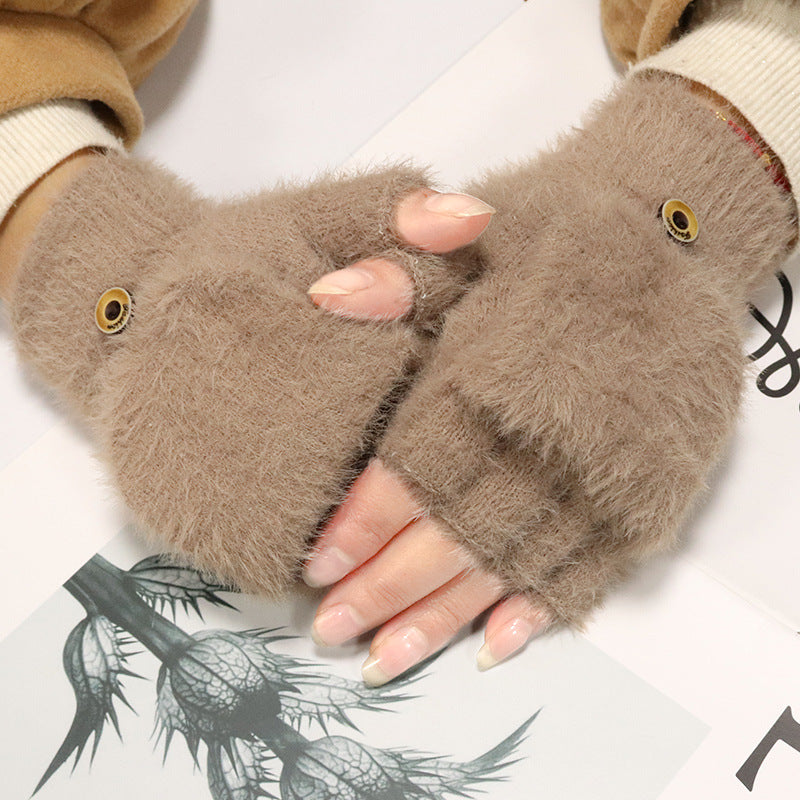 Winter Knitted Plush Half Finger Flip Gloves