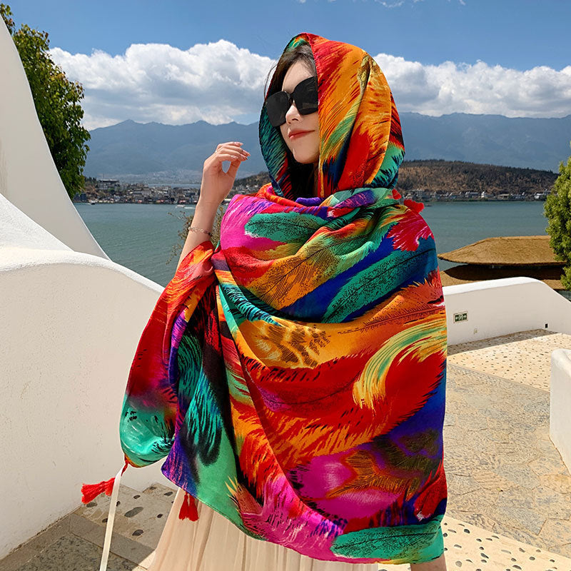 Women's Sunscreen Shawl Yunnan Grassland Travel Wear Silk Seaside Scarfs