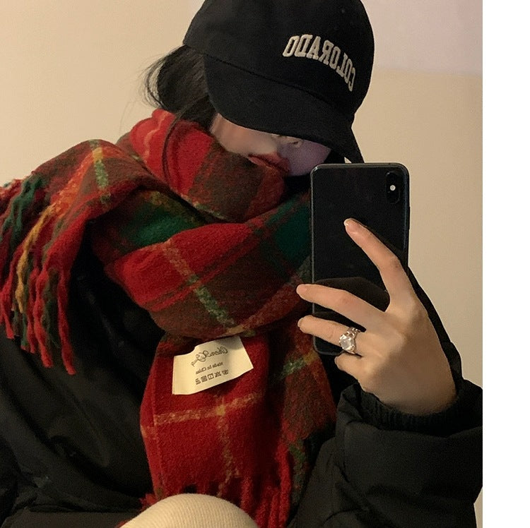 Style Plaid Retro Green Female Winter Scarfs