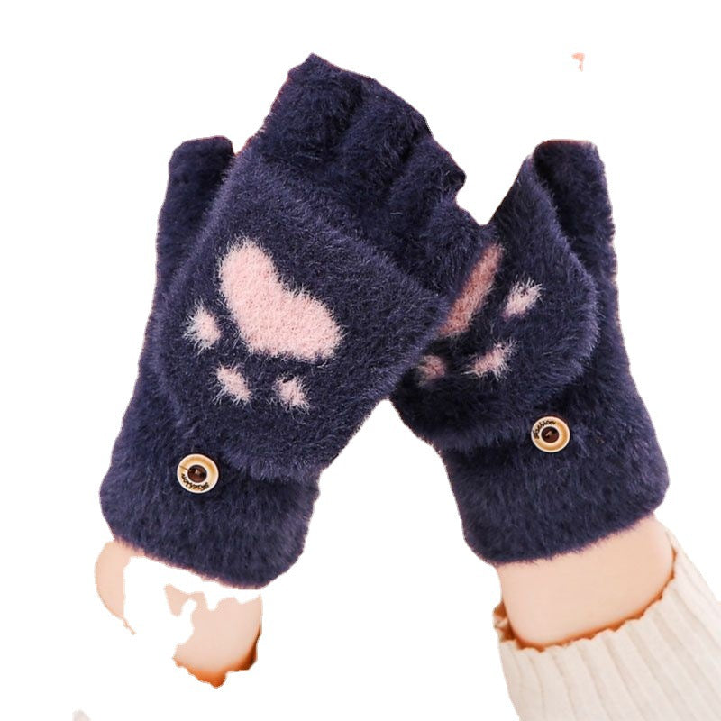 Women's Cartoon Cat's Paw Winter Warm Veet Padded Thickened Half Gloves