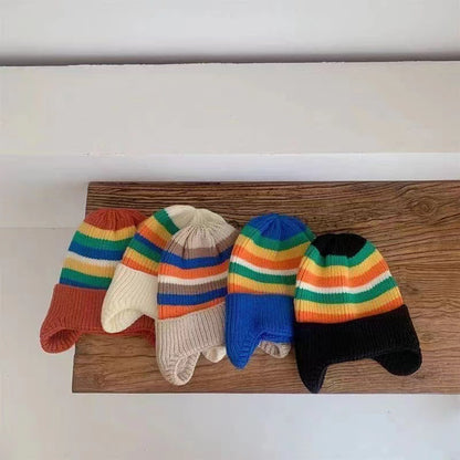 Rainbow Hat Earflaps Woolen Boys Knitted Kids' Headwear