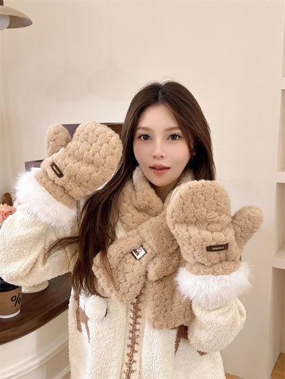 Lined Padded Warm Keeping Two-piece Set Cute Cartoon Bag Gloves