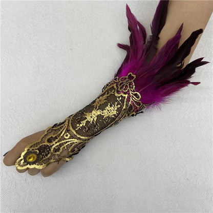 Halloween Feather Gothic Style Hollow Gold Gloves