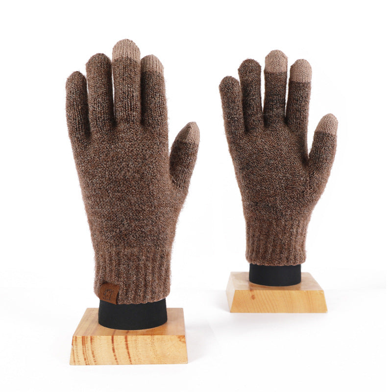 Wool Knitted Plaid Fleece-lined Thickened Cycling Five-finger Gloves