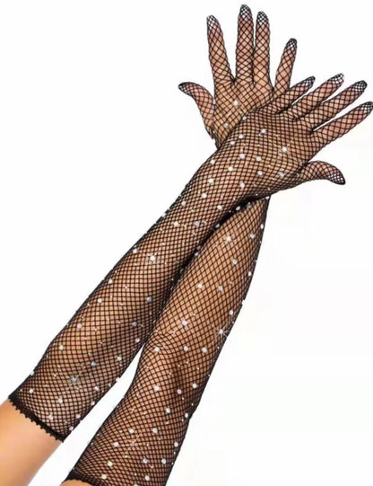 Black Grid Stretch Colorful Crystals Electronic Gloves