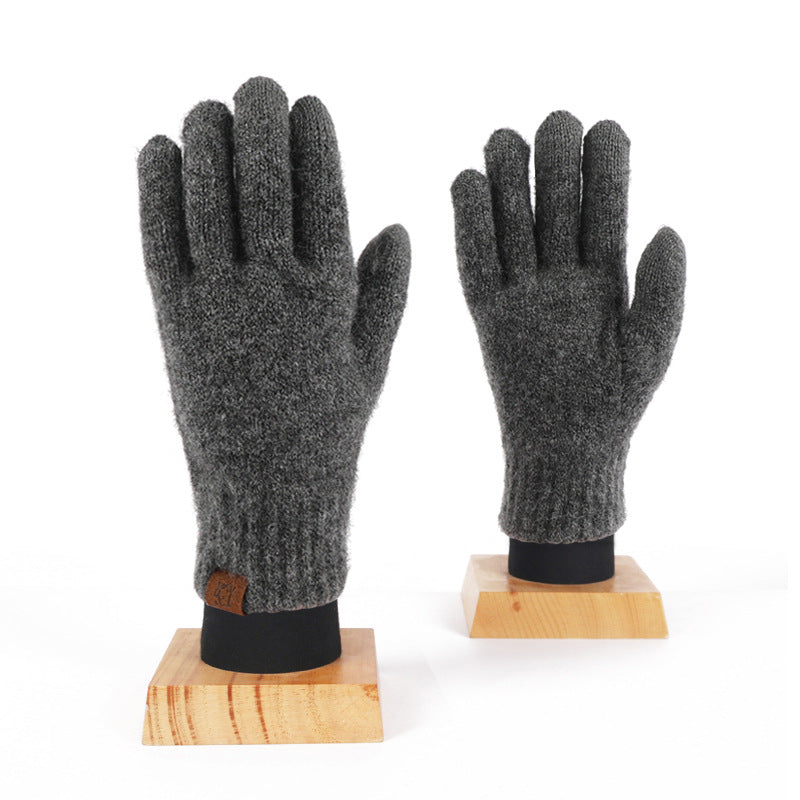 Wool Knitted Plaid Fleece-lined Thickened Cycling Five-finger Gloves