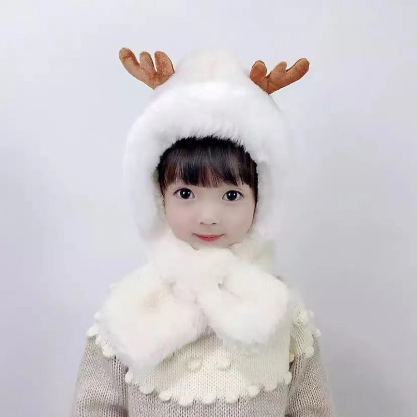 Children's Antlers Plush Bonnet Integrated Thickened Cold Kids' Headwear