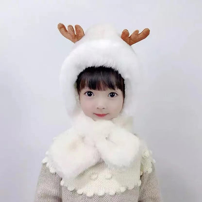 Children's Antlers Plush Bonnet Integrated Thickened Cold Kids' Headwear