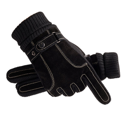 Men's Pig Leather Windproof Warm Motorcycle Fleece-lined Cycling Gloves