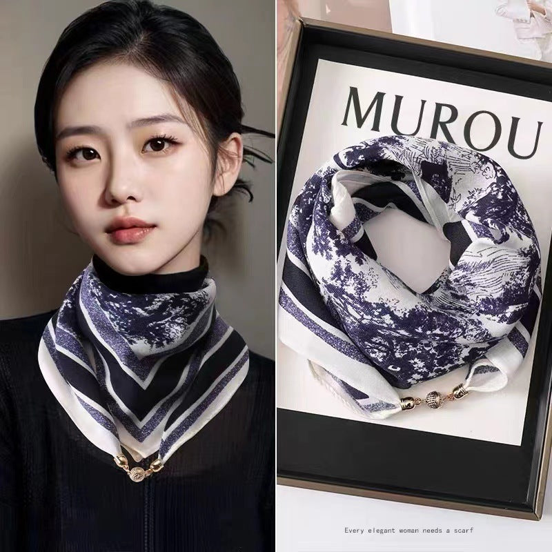 Women's Silk Square Magnetic Buckle Hidden Hook Scarfs