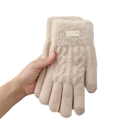 Women's Matching Five Finger Plush Knitted Wool Gloves