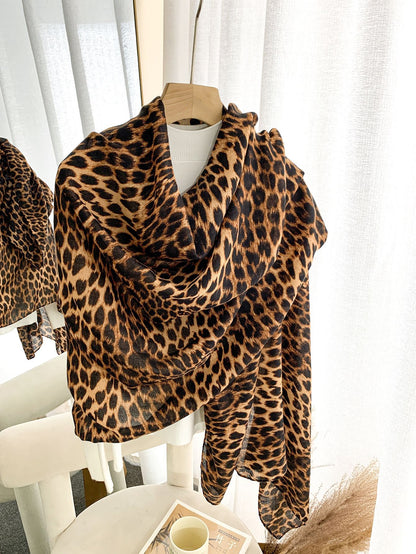 Women's Leopard Print Herringbone Cotton Linen Warm Scarfs