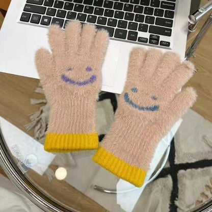 Women's Touch Screen Plush Smiley Face Warm With Gloves