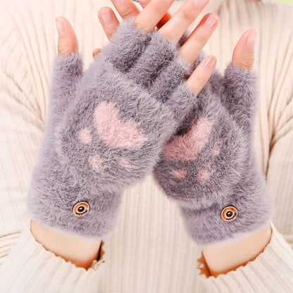 Women's Cartoon Cat's Paw Winter Warm Veet Padded Thickened Half Gloves